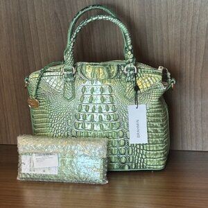 NWT BRAHMIN AGAVE METALLIC MEDIUM DUXBURY LEATHER DOME SATCHEL HANDBAG & WALLET